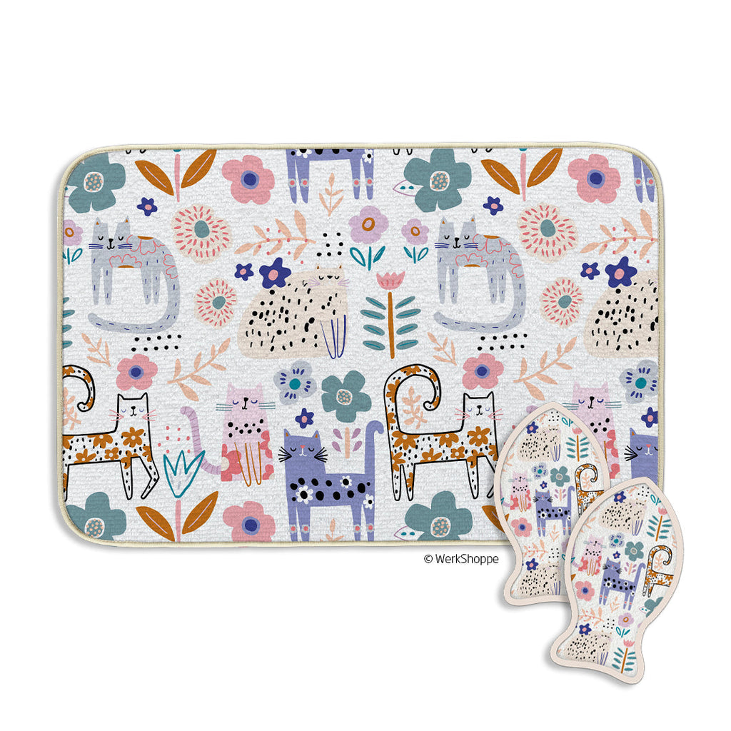 WerkShoppe Floral Cat Bowl Mat & Scrubbie Set