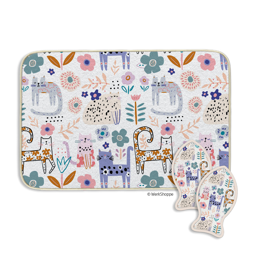 WerkShoppe Floral Cat Bowl Mat & Scrubbie Set