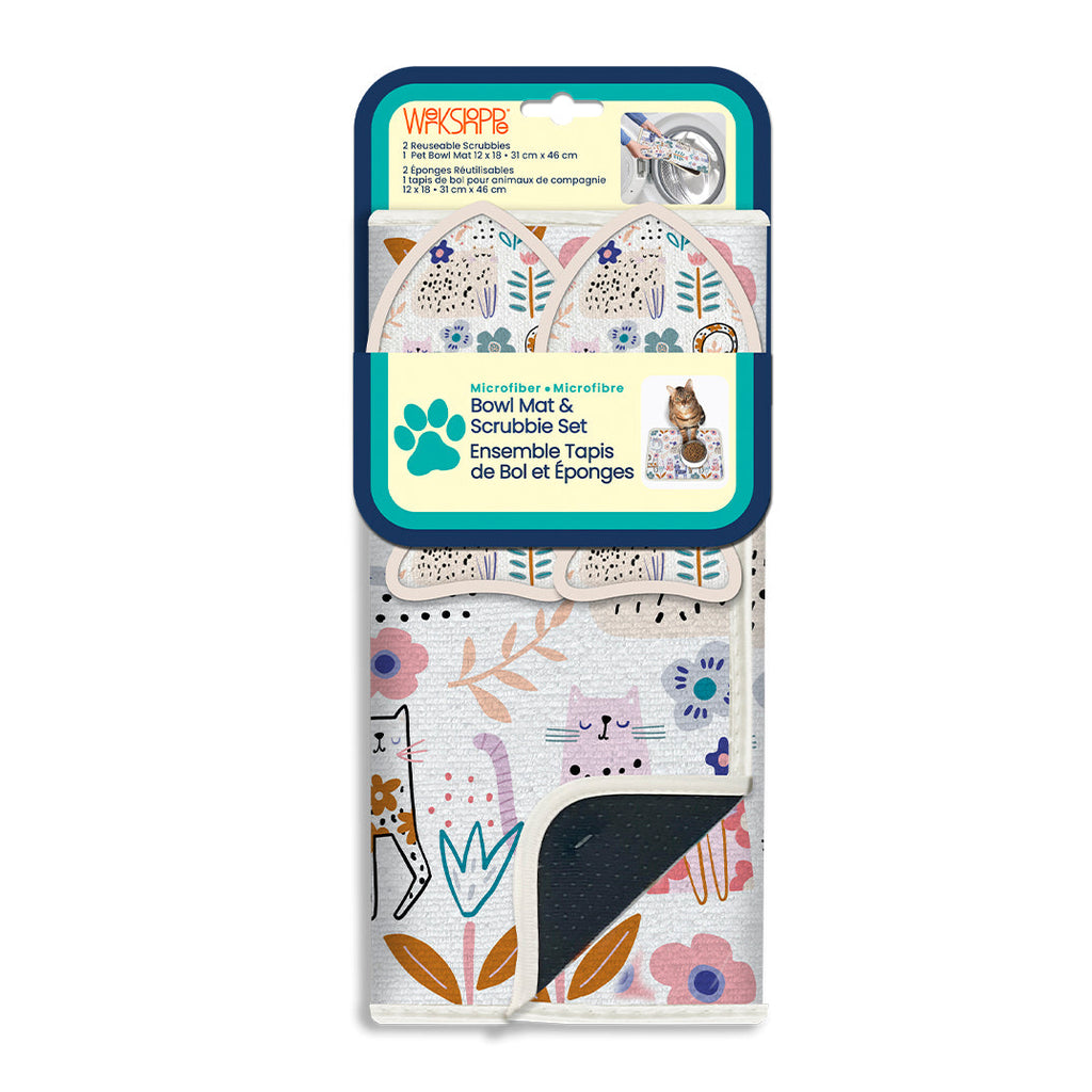 WerkShoppe Floral Cat Bowl Mat & Scrubbie Set