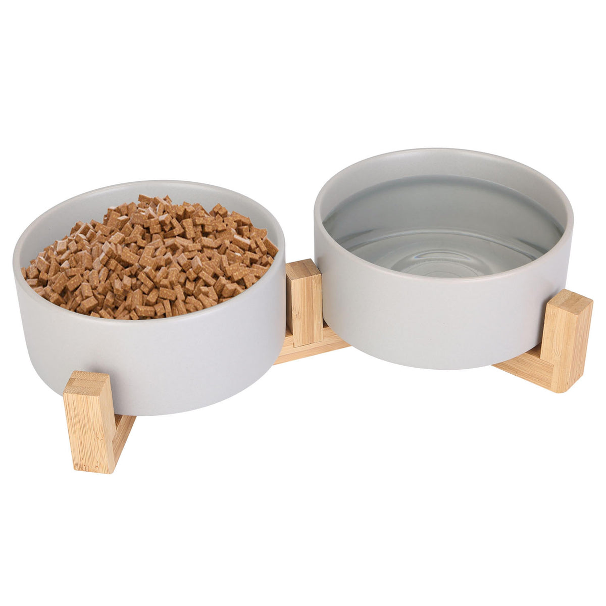 Raised Double Ceramic Bowls with Wood Stand