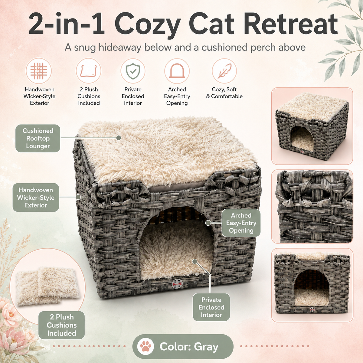 Huntley Woven Cat House with 2 Cushions, Gray