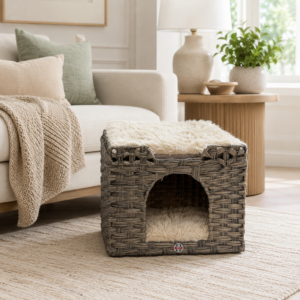 Huntley Woven Cat House with 2 Cushions, Gray